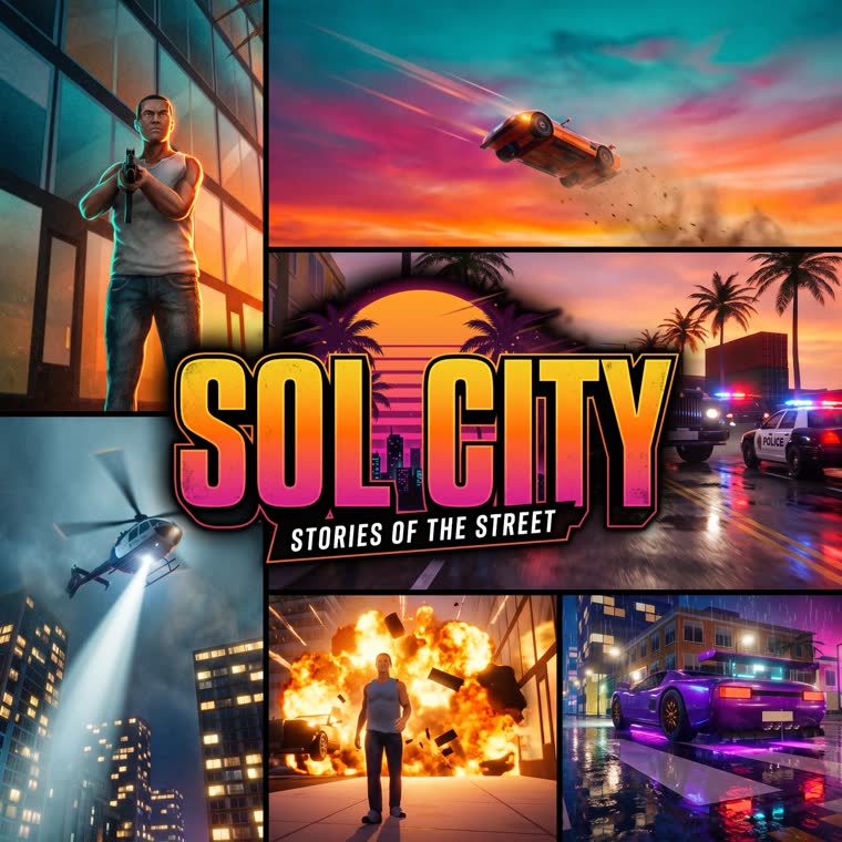 Sol City box art: the hero with a pistol, a car flying off a ramp, the Sol City logo, a police car, a helicopter, an explosion, a purple supercar in the rain