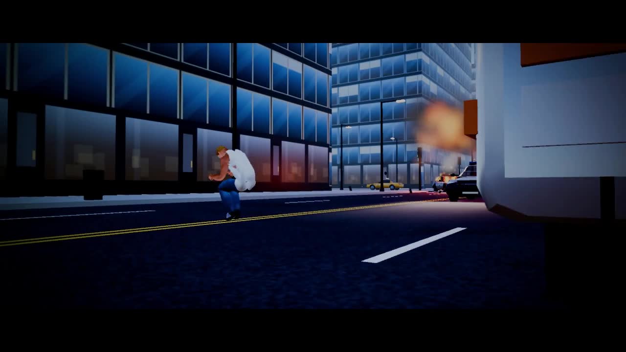 Nico walking a Sol City street with a car beside him, in black and white