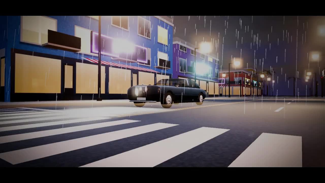 A rainy night street in Sol City, a car waiting at the lights