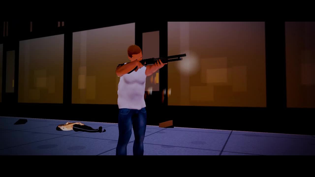 Nico with a shotgun over a man on the ground